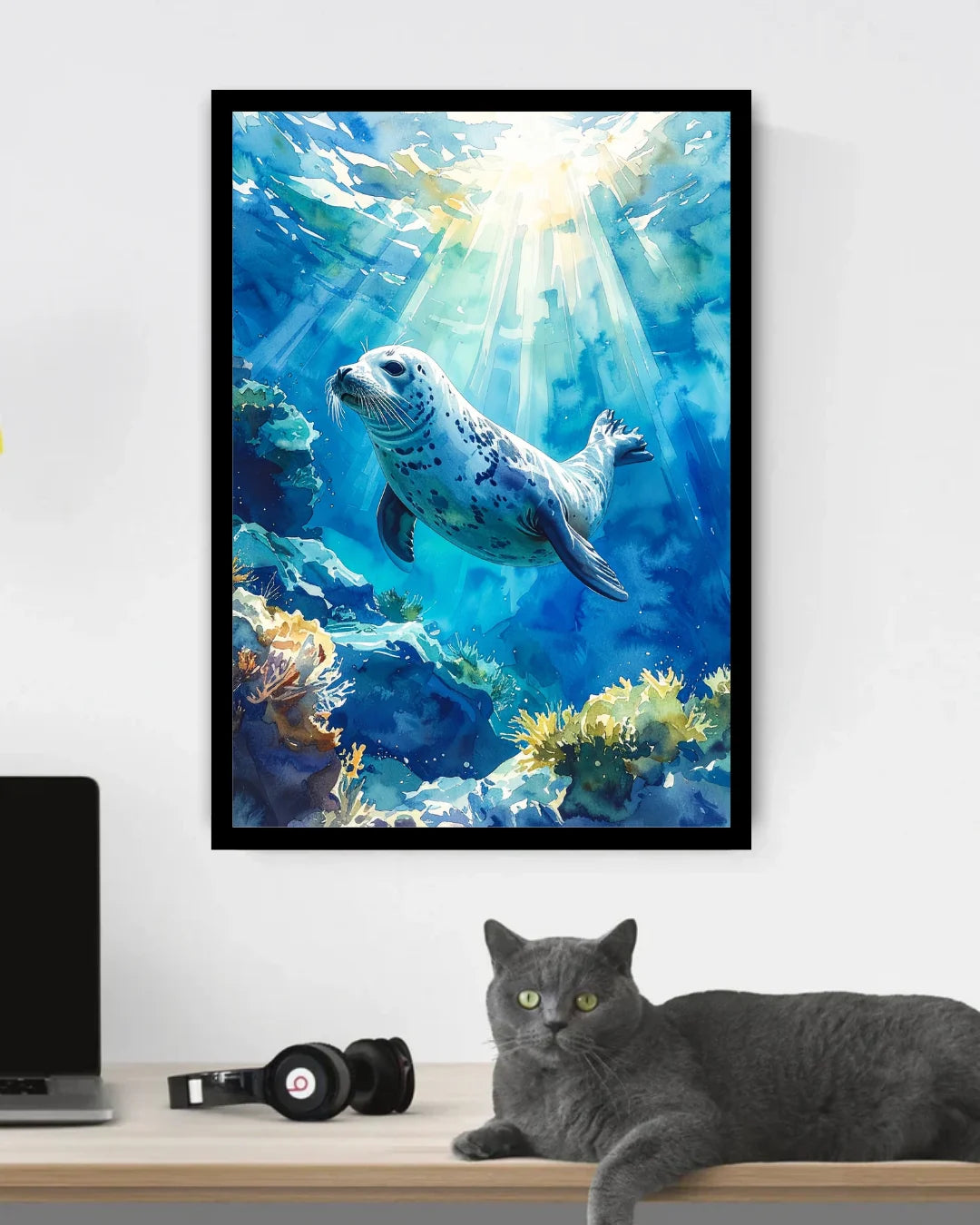 Blue Sea Turtle Underwater Canvas Wall Art Framed Print