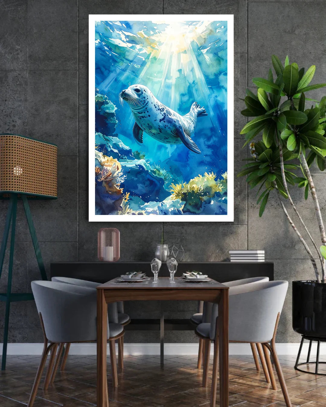 Blue Sea Turtle Ocean Canvas Wall Art Displayed Above Dining Table