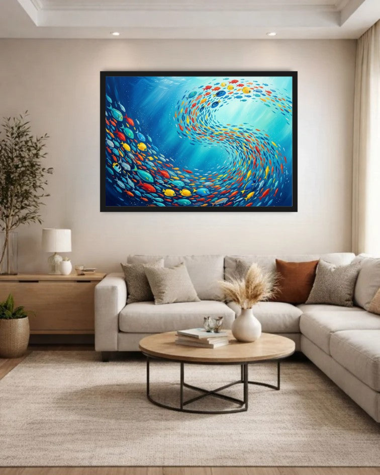Premium underwater fish wall art adding vibrant ocean-inspired beauty to a luxurious living room.