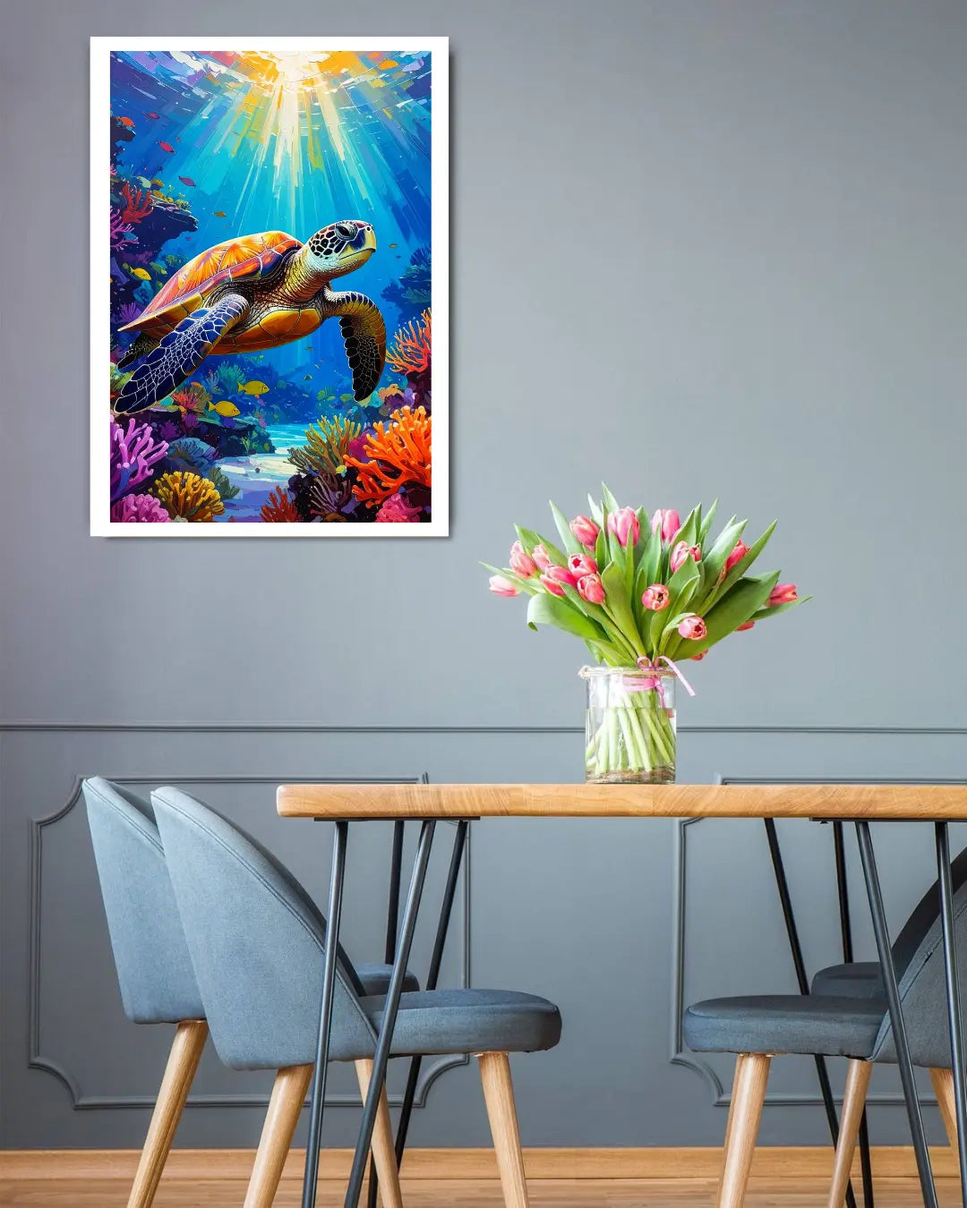 vibrant underwater turtle painting in dining space with modern decor