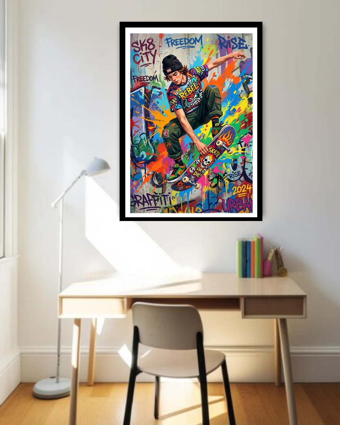 Colorful poster of a skateboarder on a wall above a desk with a lamp and chair.