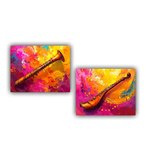 Vibrant Indian music canvas wall art set of 2 colorful abstract musical artwork