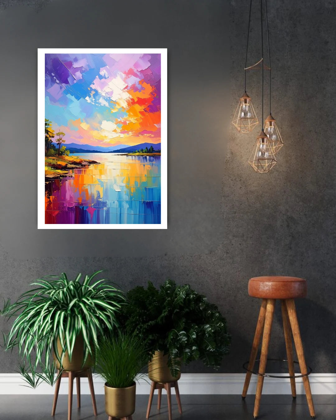 abstract sunset painting displayed in stylish home decor setting
