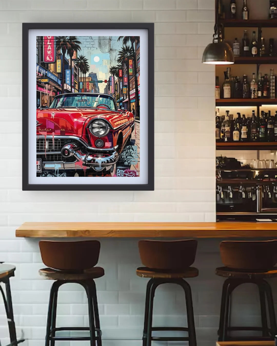 retro car wall art canvas vintage street painting in modern bar interior