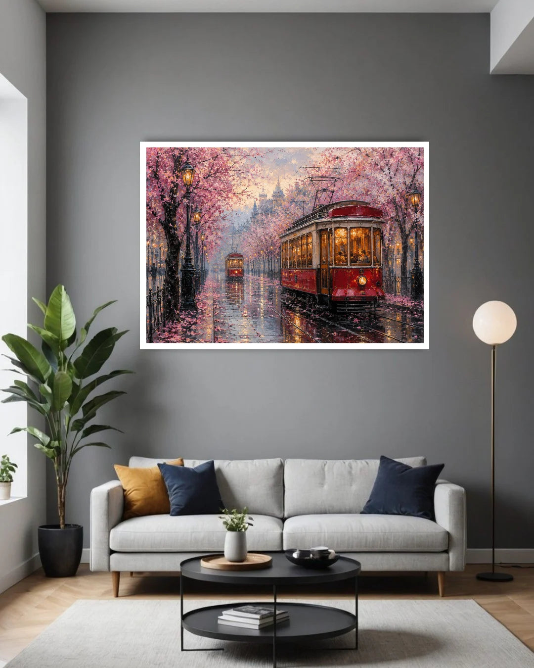 vintage tram wall art canvas in modern living room decor