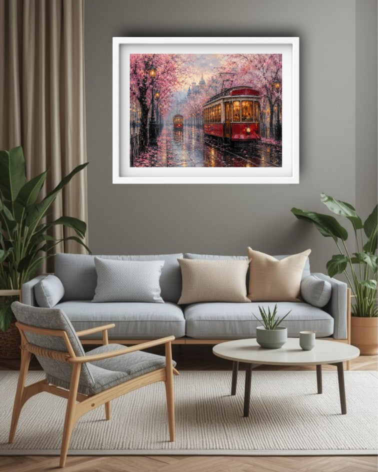 A framed art print depicting a red streetcar traveling through a cherry blossom-lined street at dusk, displayed on a gray wall above a modern light gray sofa in a styled living room.