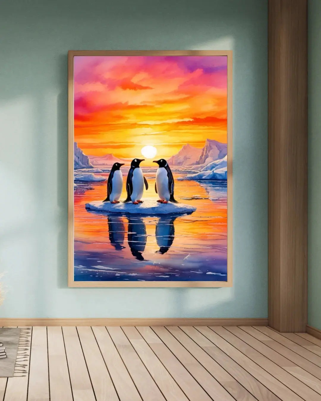 Penguin Reflections at Sunset – Wall Art Canvas WallArtVibes