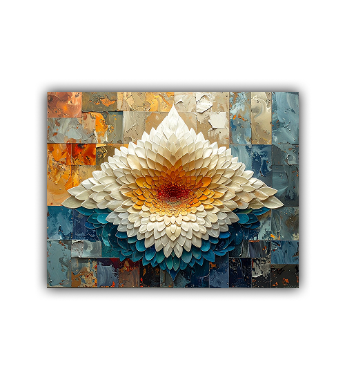Close-up view of abstract white dahlia floral wall art canvas painting