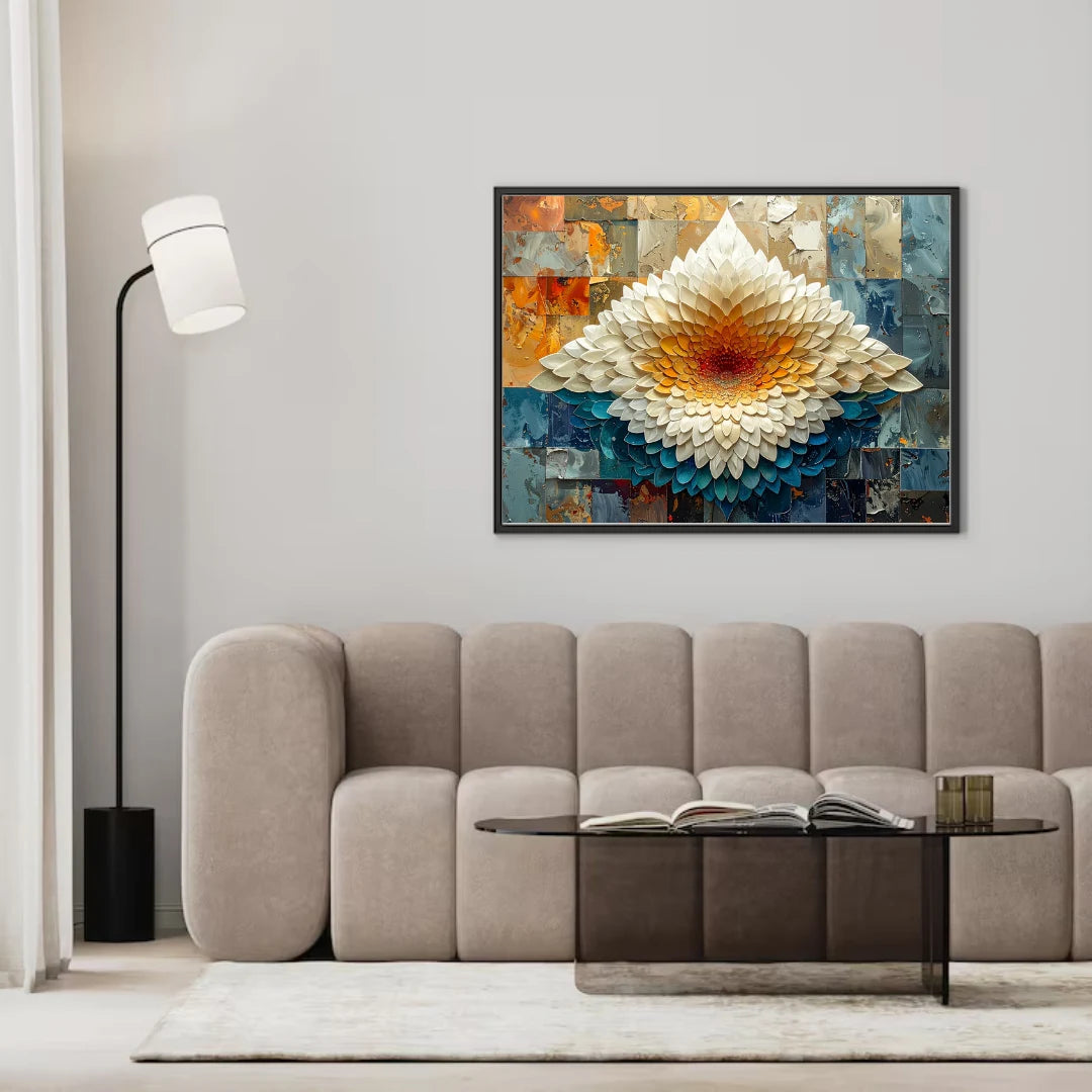 Abstract white dahlia floral wall art canvas displayed above a neutral sofa in a modern interior