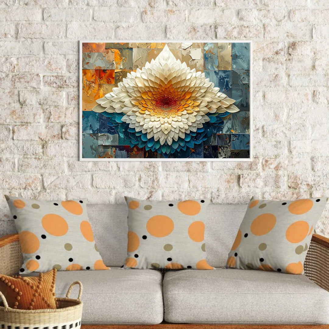 Abstract white dahlia floral wall art canvas displayed on a patterned wall in a living room