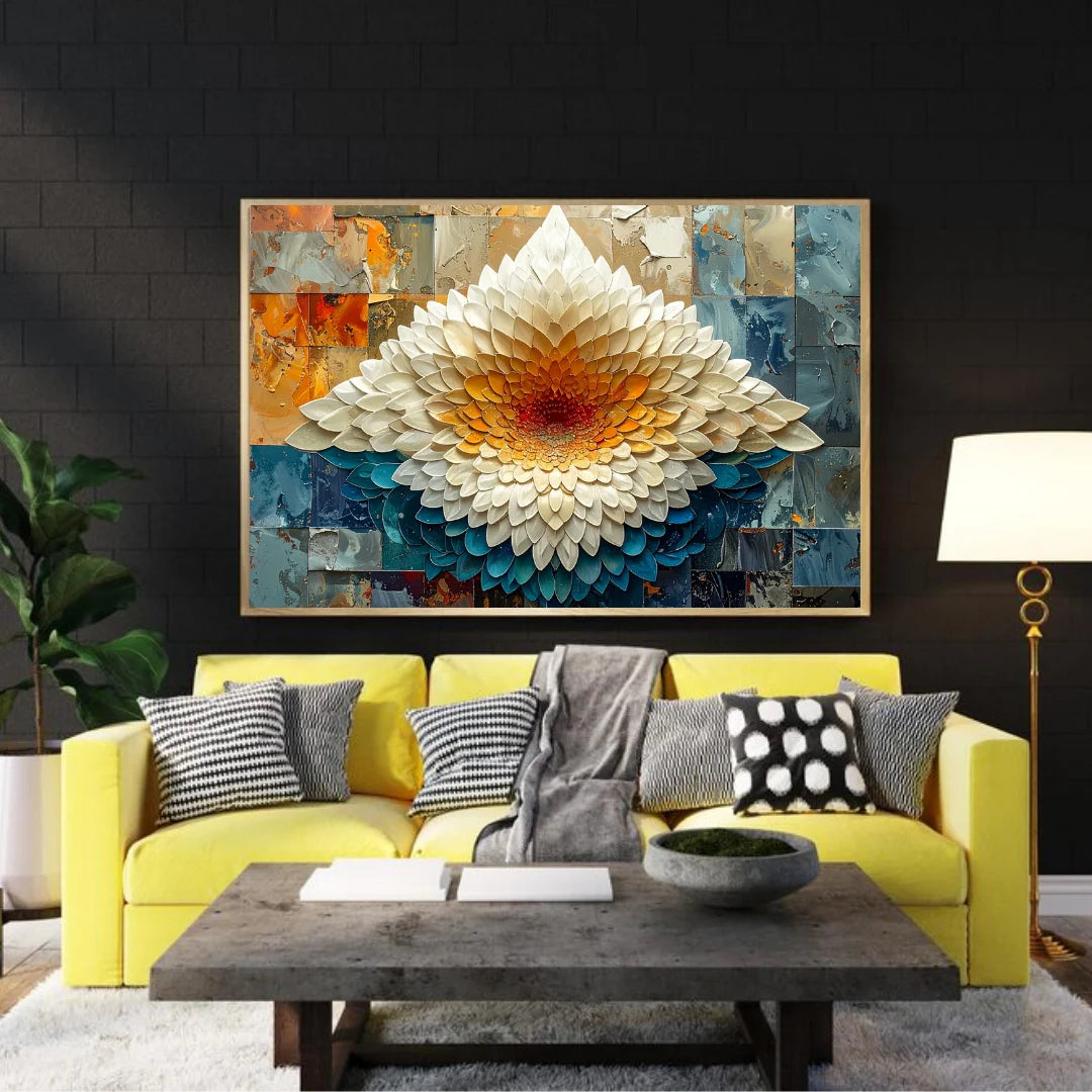 Abstract white dahlia floral wall art canvas displayed above a yellow sofa in a modern living room