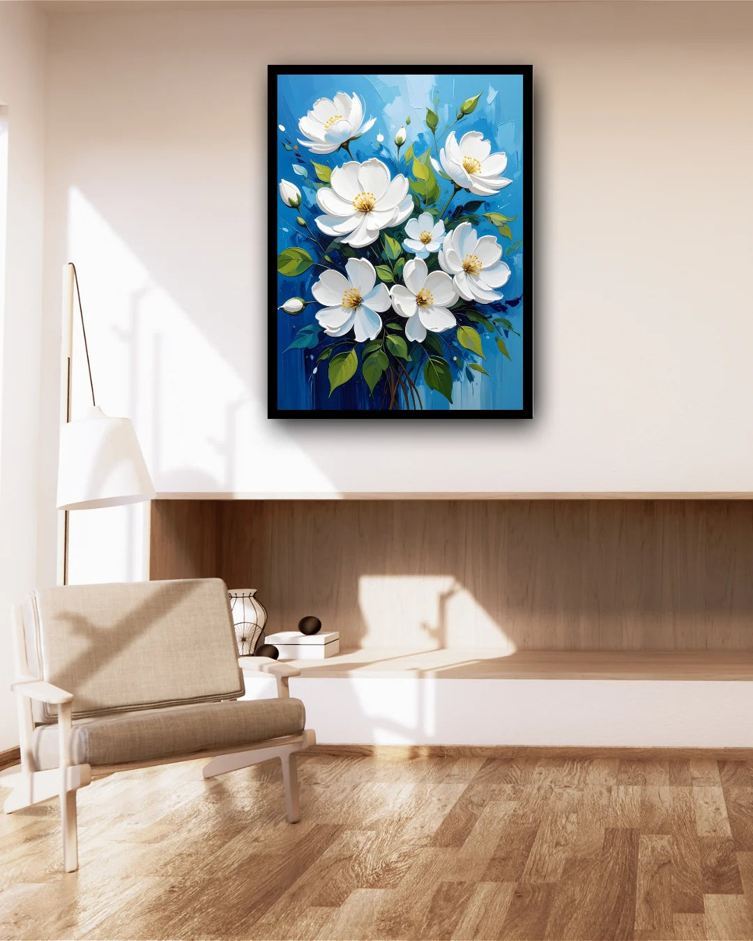 White floral wall art canvas displayed on a bedroom wall in a modern interior
