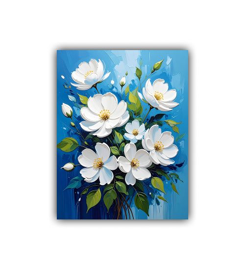 Close-up view of white floral wall art canvas painting