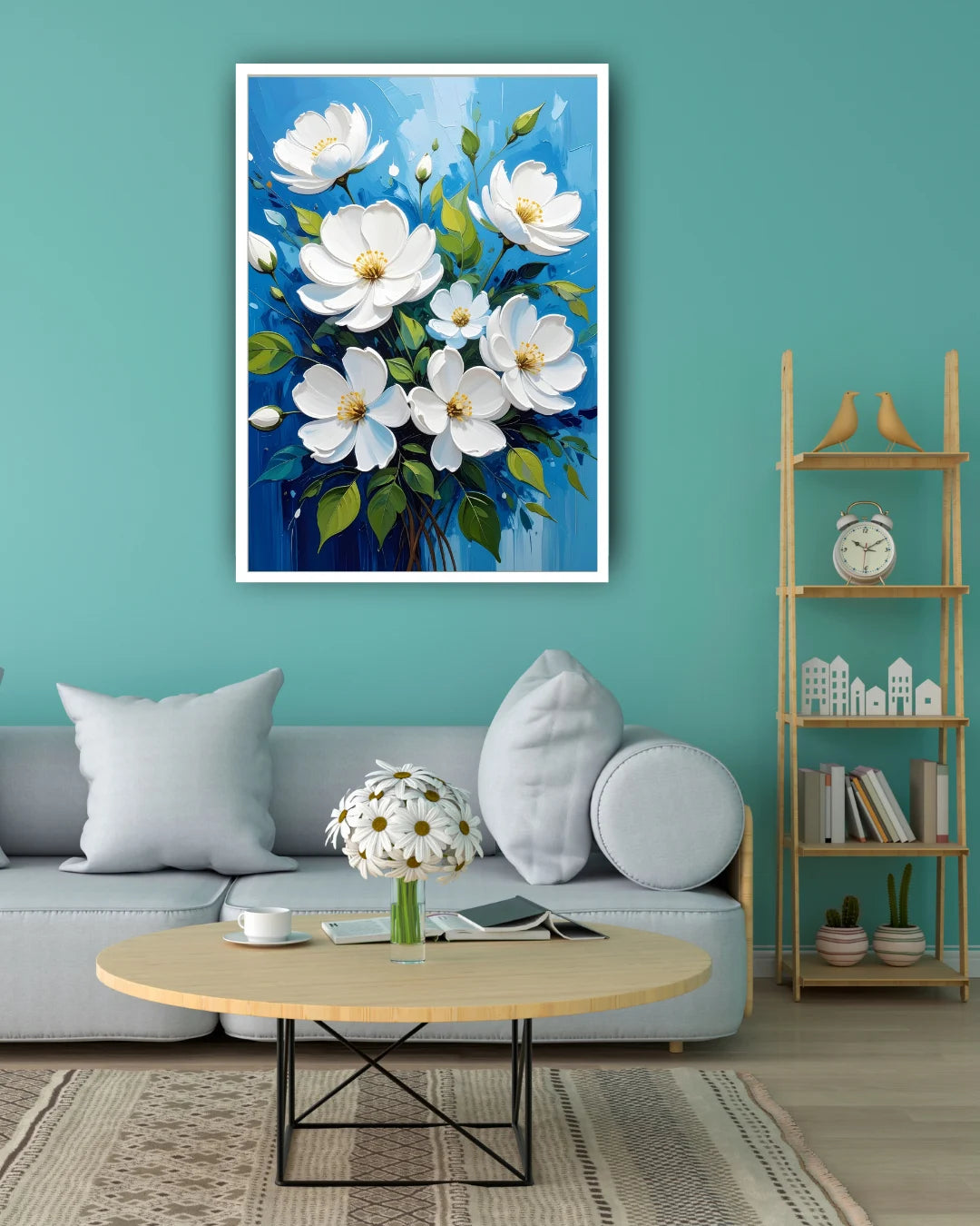White floral wall art canvas displayed on a teal wall in a modern living room interior