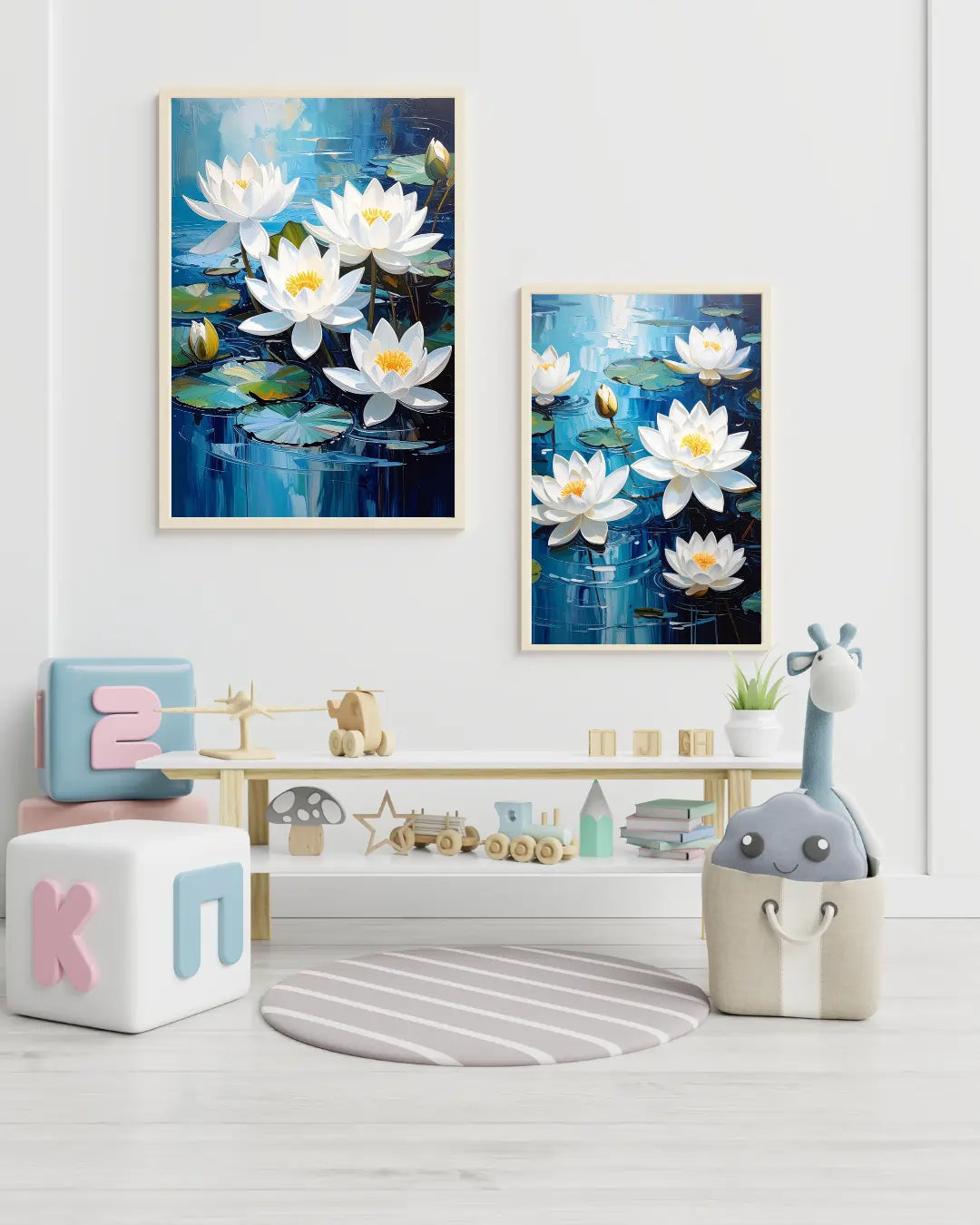 White lotus floral wall art canvas set displayed in a family room interior