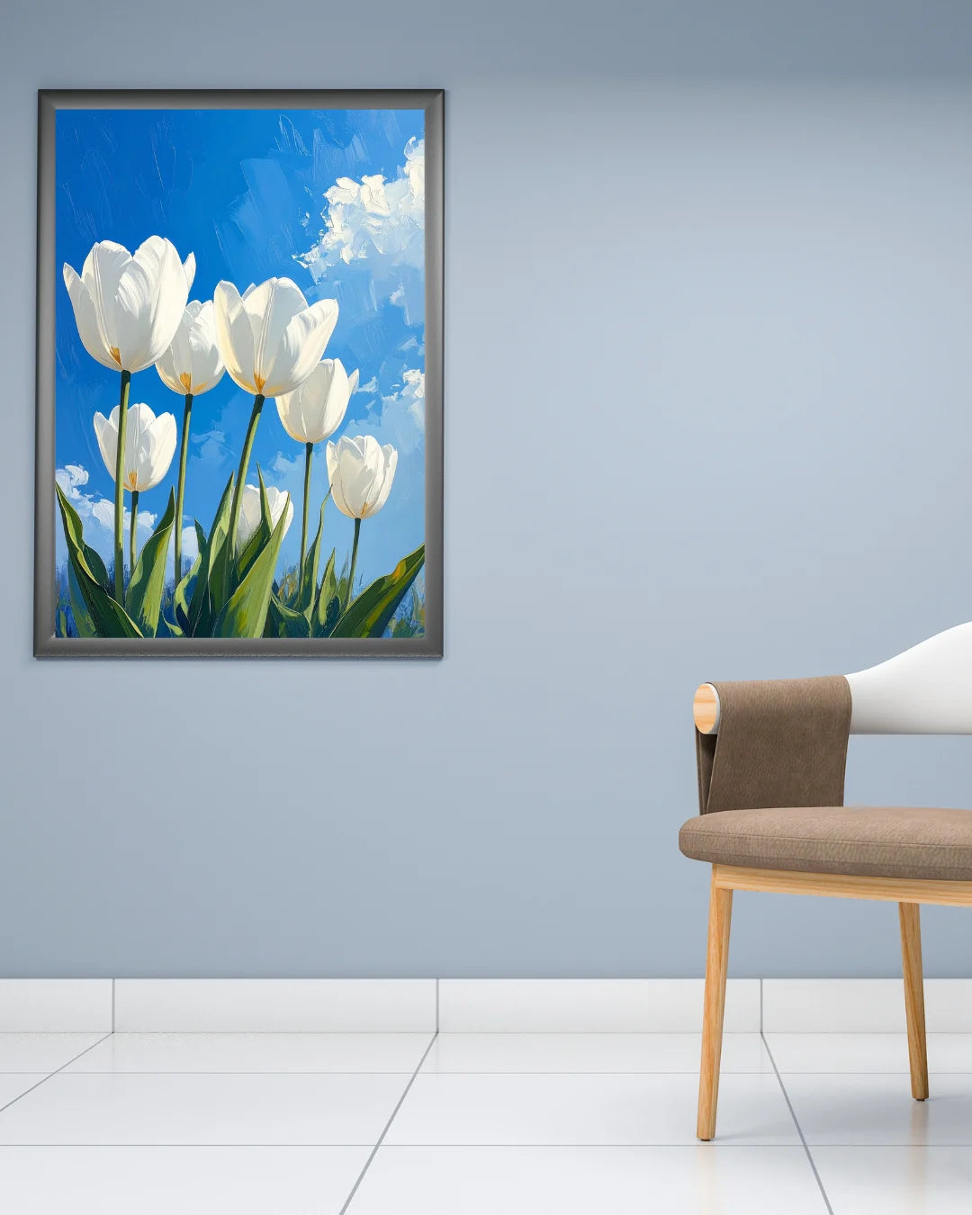 White tulip floral wall art canvas hanging on a blue wall in a minimalist interior