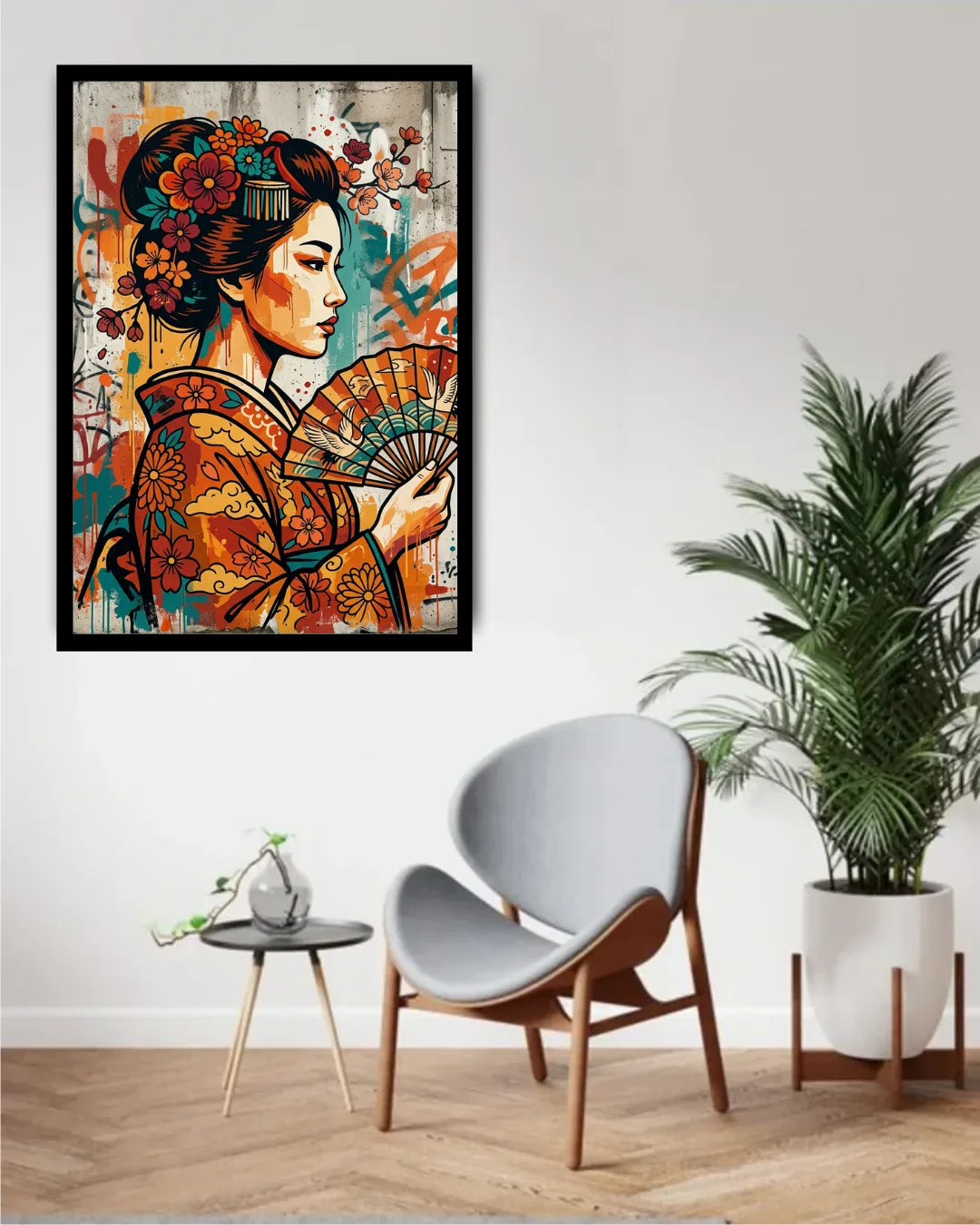 Framed artwork of a stylized geisha holding a fan in a room with a chair and plant.
