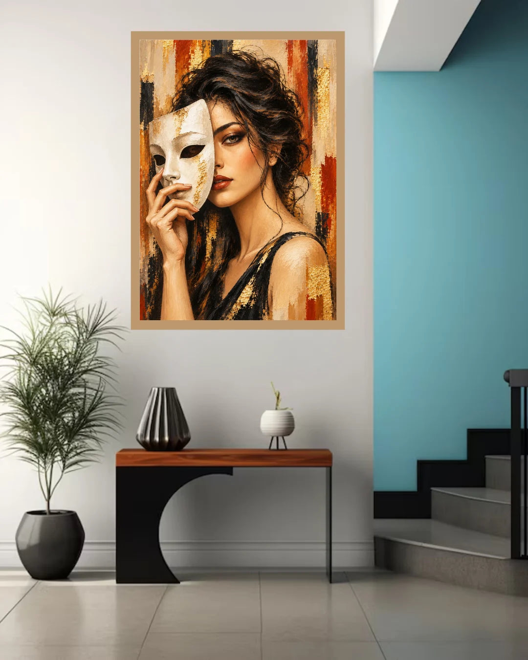 A framed art print depicting a woman holding a white mask, displayed on a wall in a modern interior setting with a console table, plant, and staircase.
