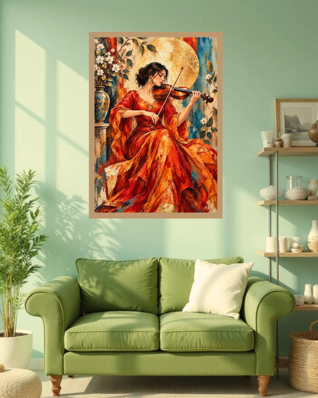 A framed art print depicting a woman in a flowing red dress playing the violin, displayed on a mint green wall above a green sofa in a styled living room setting.