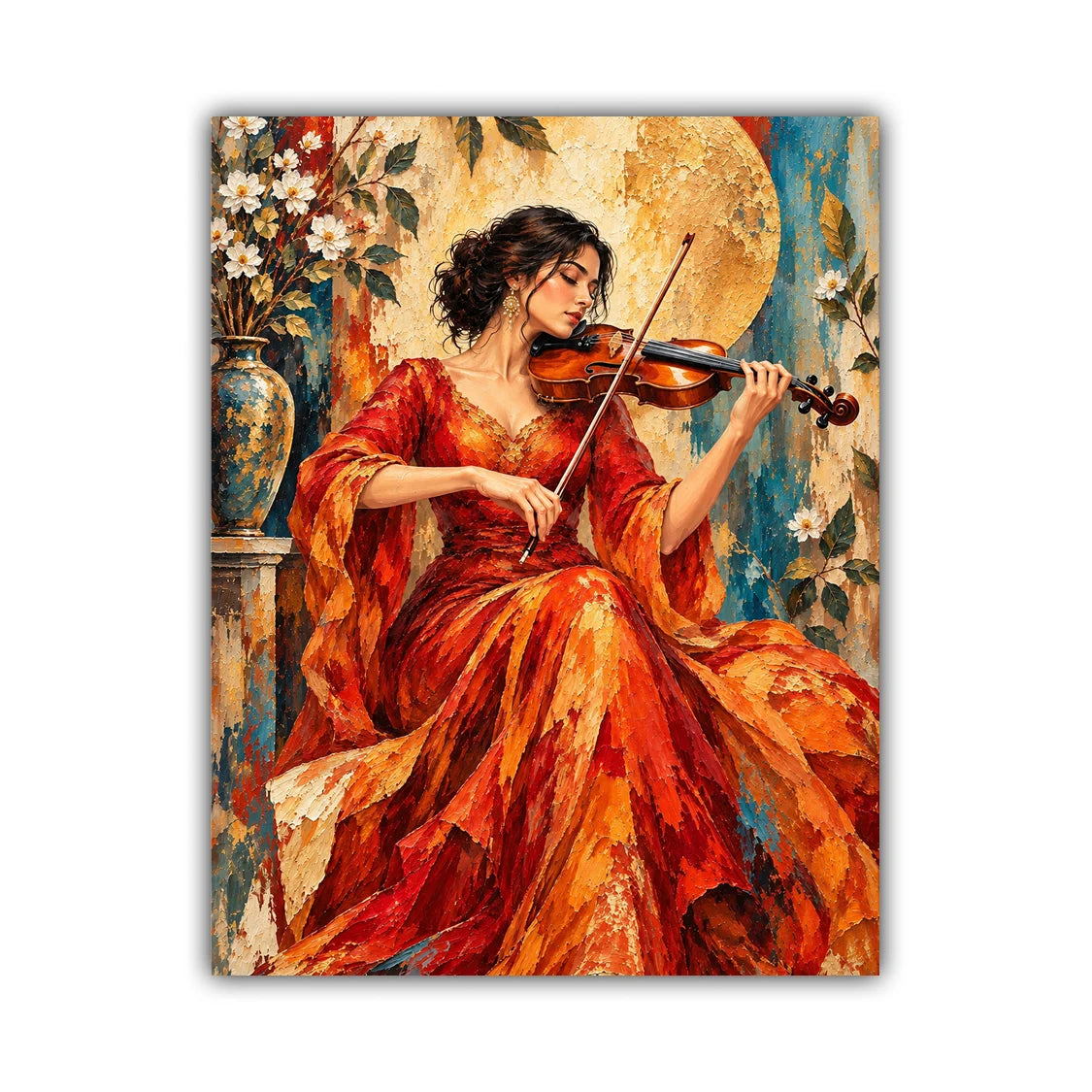 A vertical canvas art print depicting a woman in a flowing red and orange gown playing a violin, shown against a neutral white background.