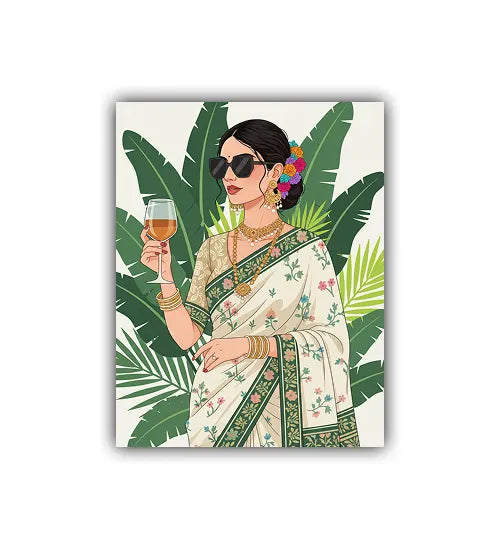 Illustration of a woman in a saree holding a glass of wine with tropical leaves in the background