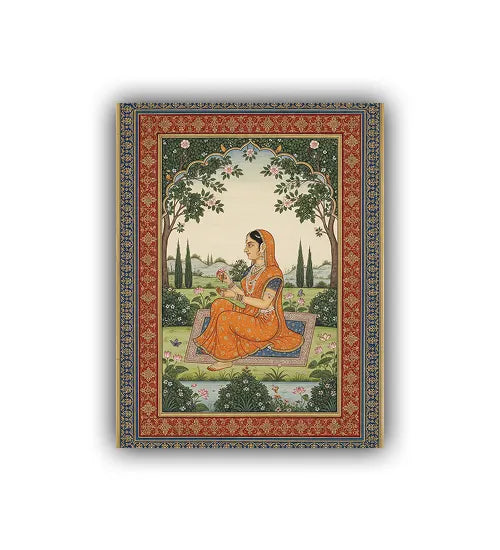 Framed artwork of a woman in traditional attire sitting on a rug with decorative border