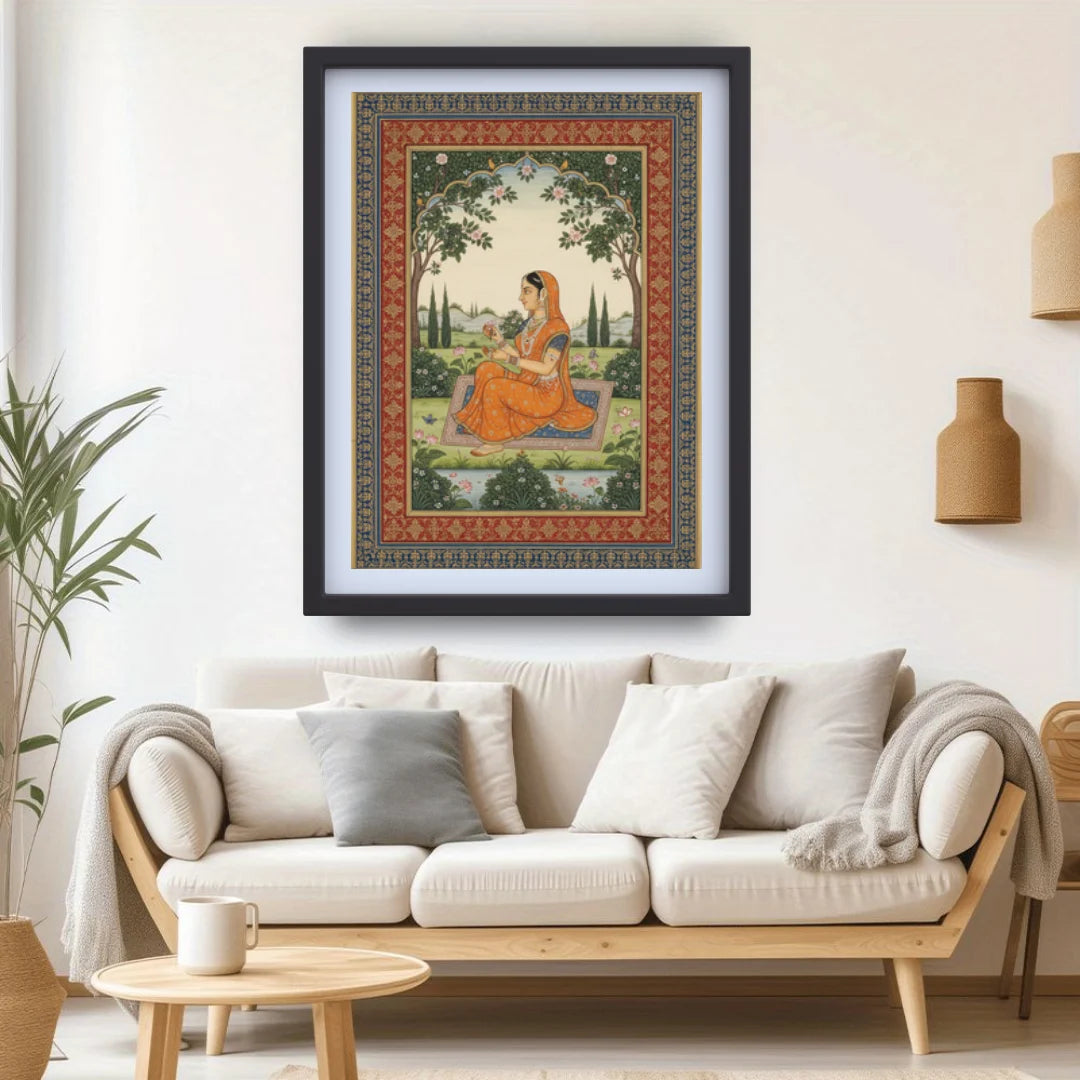 Framed artwork of a woman in an orange dress in a living room setting with a beige sofa and decorative items.