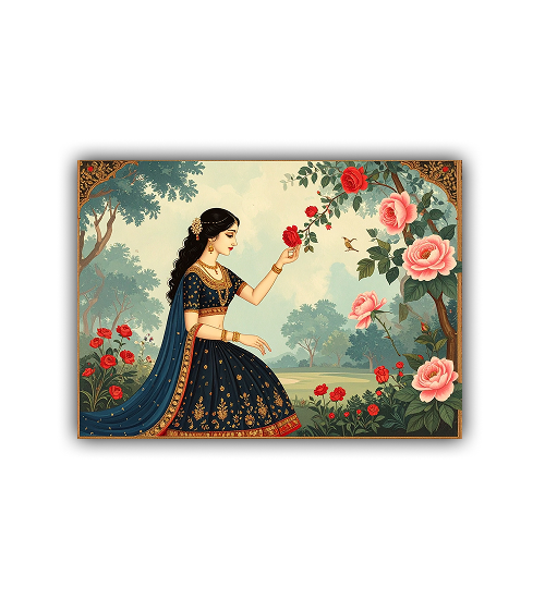 Framed artwork of a woman in traditional attire with floral decorations