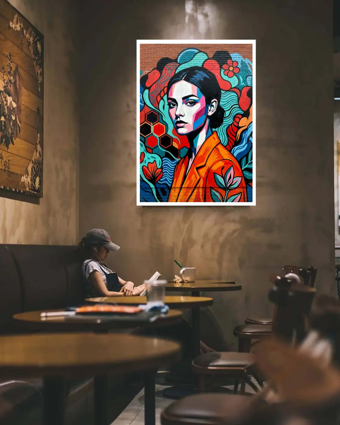 Colorful abstract portrait on a wall in a dimly lit cafe.