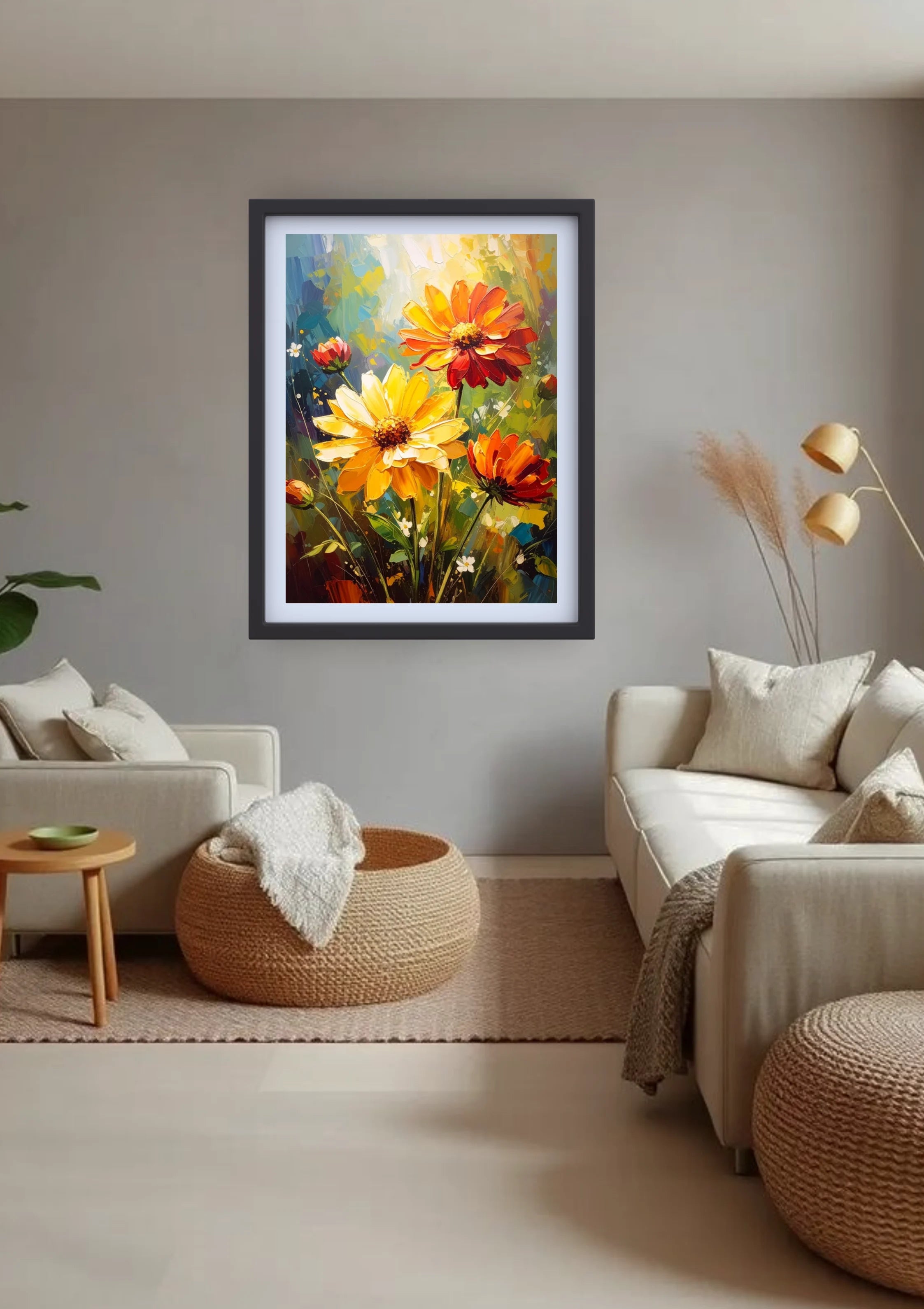Cozy living room decorated with yellow floral wall art canvas above sofa
