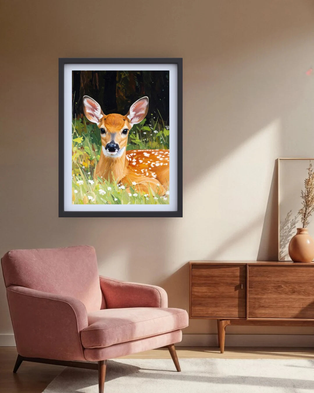 A framed art print of a spotted deer in a grassy field, displayed on a beige wall in a modern living room setting above a pink armchair and a wooden sideboard.