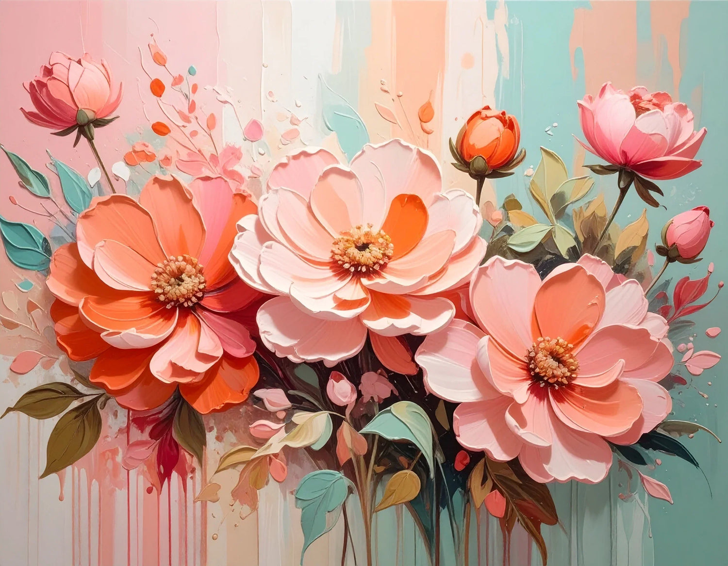 Elegant floral wall art painting with soft pink flowers and artistic brush strokes