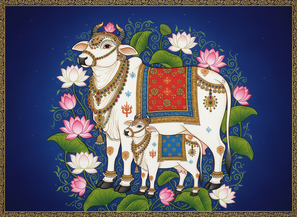 Pichwai-style cow and calf canvas artwork with lotus motifs.