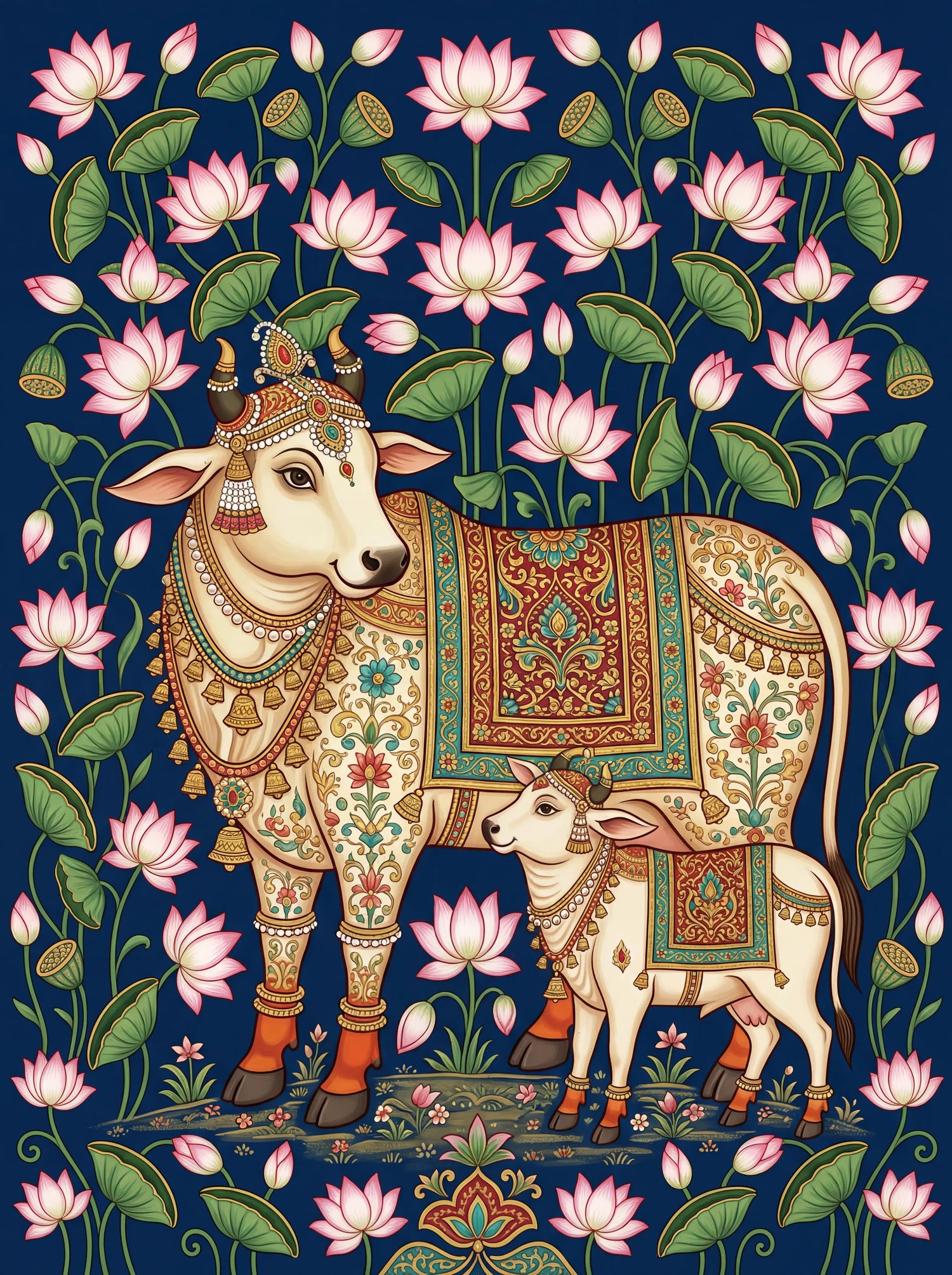 traditional indian cow and calf wall art with lotus flowers and intricate decorative patterns on dark blue background