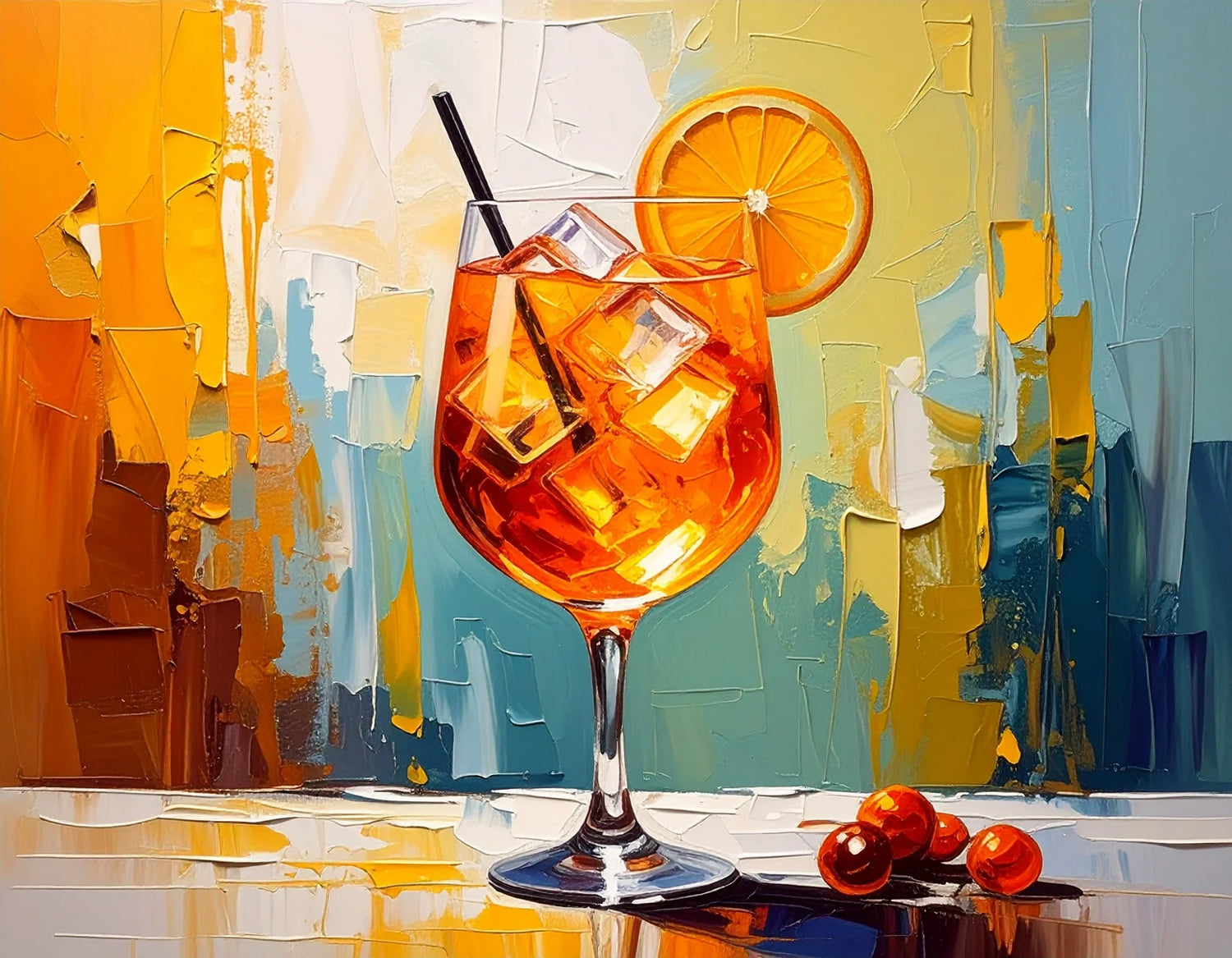 colorful abstract cocktail painting with orange drink glass, ice cubes and citrus slice in modern textured style