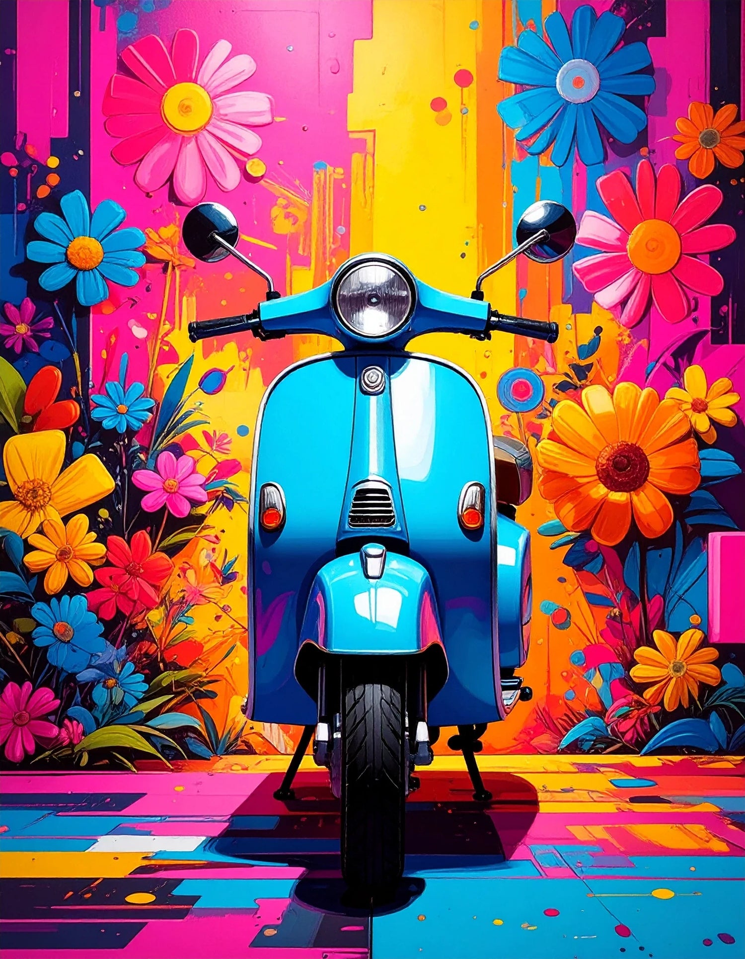 colorful retro scooter wall art with vibrant flowers and abstract pop art background