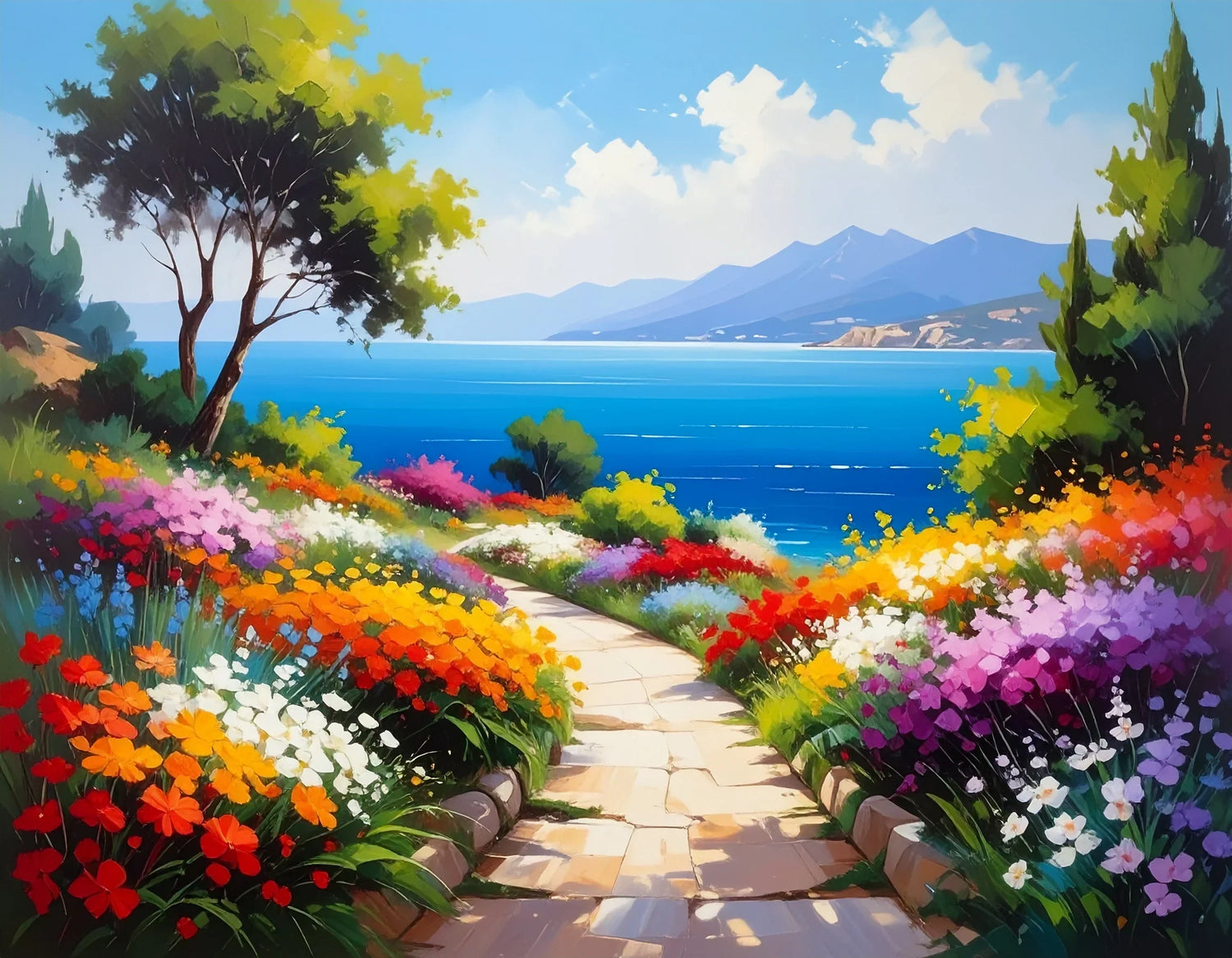 Nature landscape wall art painting with river, mountains and palm trees