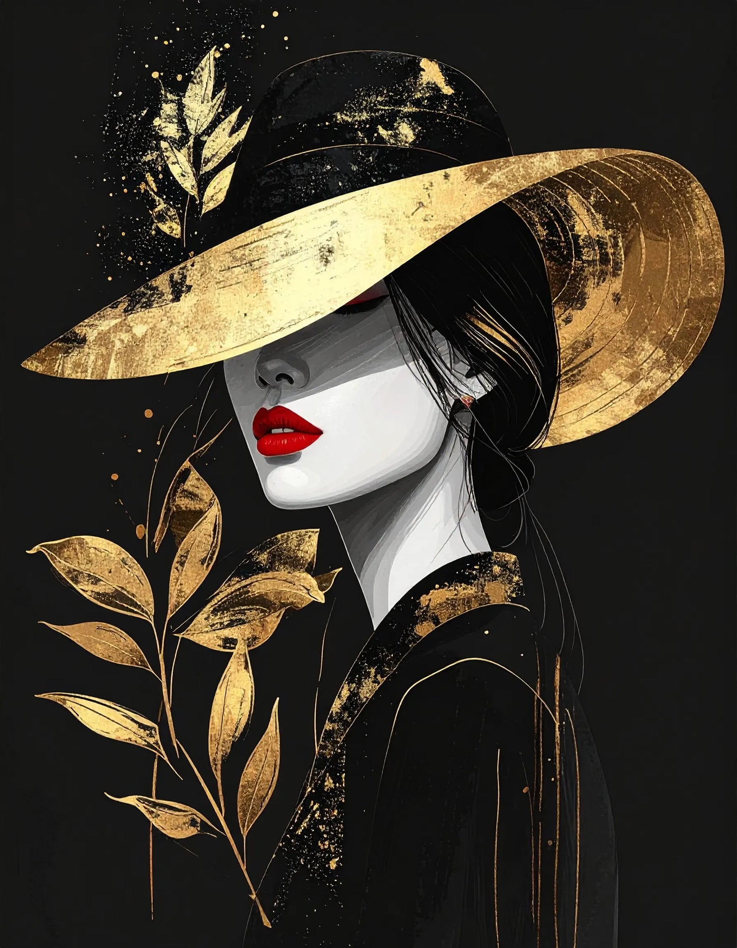 elegant woman portrait wall art with gold hat, red lips and minimal black background in luxury style