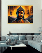Framed artwork of a Buddha statue on a wall above a sofa in a living room.