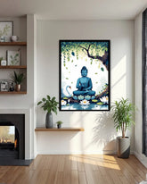 Framed artwork of a blue Buddha statue in a serene setting on a wall in a room with plants and a fireplace.