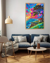 Colorful landscape painting on a wall above a blue sofa in a living room.