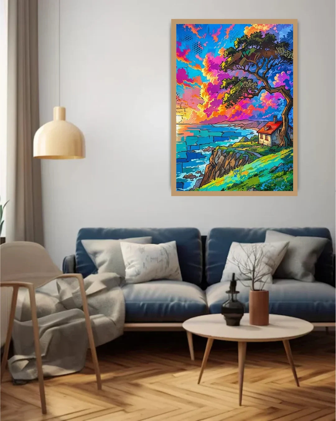 Colorful landscape painting on a wall above a blue sofa in a living room.