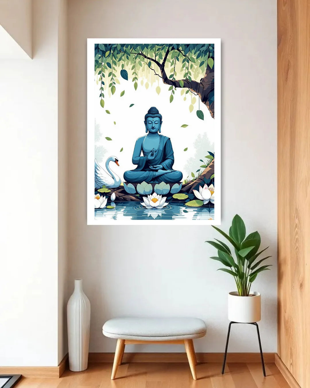 Framed artwork of a blue Buddha figure in a natural setting on a wall above a bench.