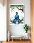 Framed artwork of a blue Buddha figure in a natural setting on a wall above a bench.
