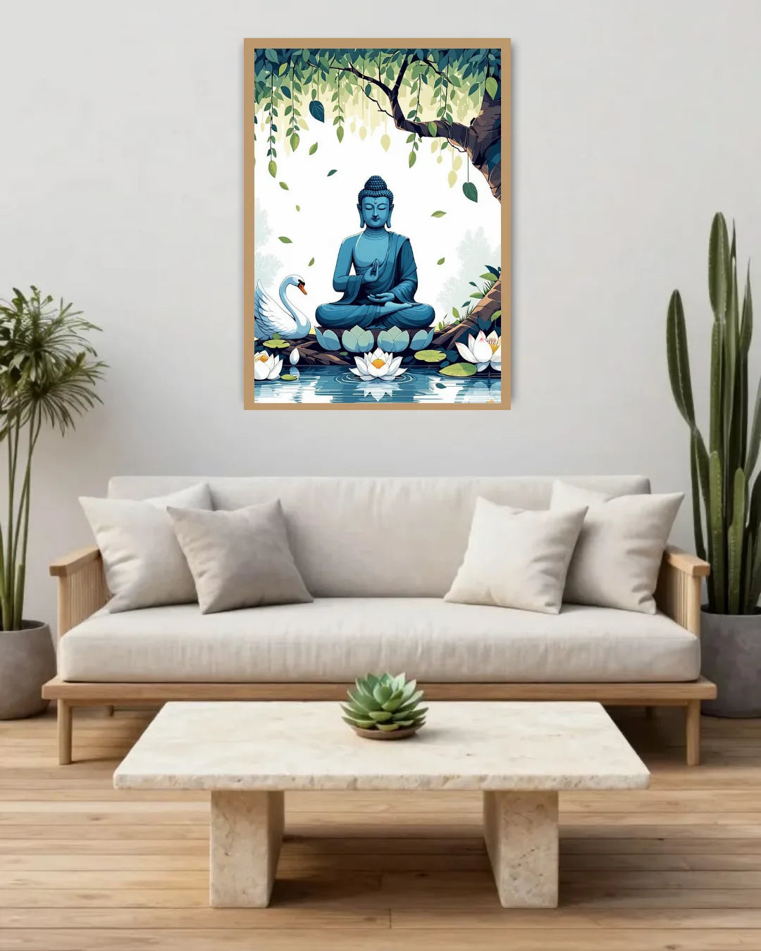 Living room with a Buddha painting on the wall, a sofa, and a coffee table.