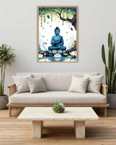 Living room with a Buddha painting on the wall, a sofa, and a coffee table.