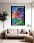 Colorful abstract painting on a wall above a beige sofa in a living room.
