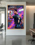 Colorful poster of a sports figure in an office setting