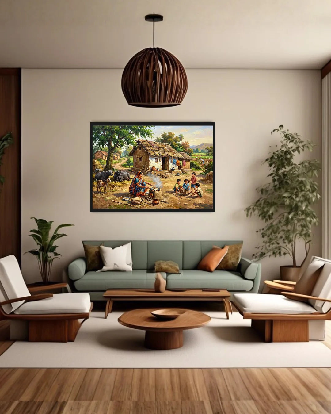 Living room with a painting of a village scene on the wall, green sofa, and wooden furniture.