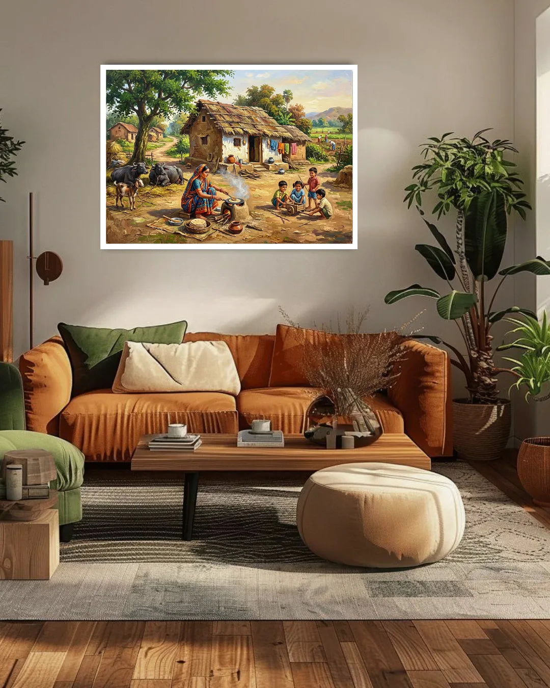 Living room with a brown sofa, coffee table, and ottoman, featuring a framed painting of a rural scene on the wall.